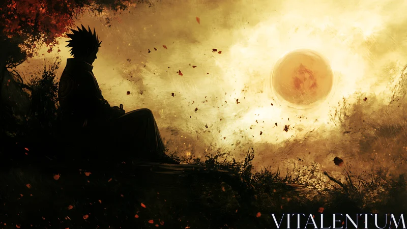 Solitary dusk watcher trades shadows for a burning sky