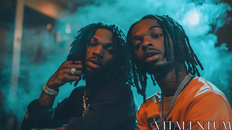 Portrait of two stylish men in moody teal smoke glow.