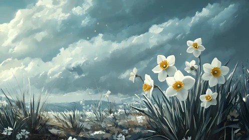 Daffodils Dancing Through Dreamscape Clouds.