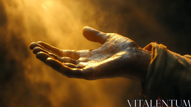 Outstretched human hand is illuminated by directional warm light