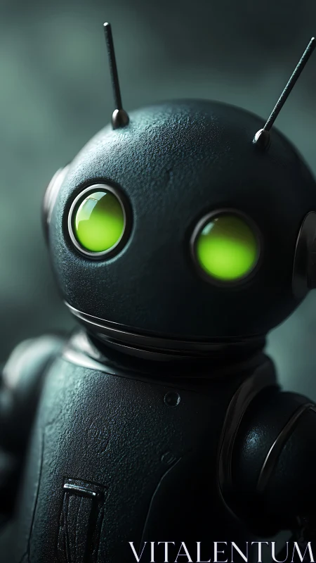 Cute matte-black robot with glowing neon green eyes.