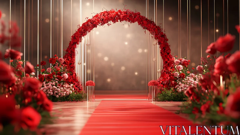 Red floral ceremony archway with axial symmetry and depth.