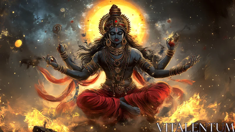 Radiant deity rests in fiery cosmic calm and timeless grace