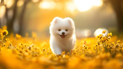 Small white dog moves through yellow wildflower field at sunset