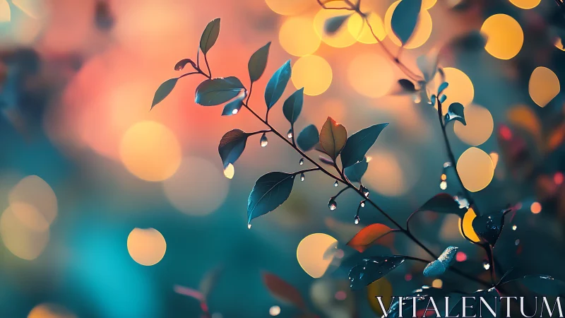 Dew-covered leaves against soft bokeh light backdrop.