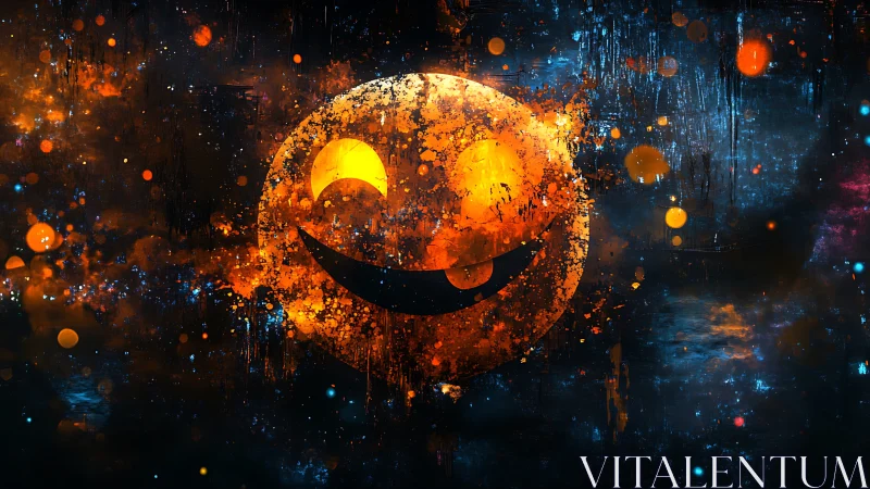 Glowing grunge smiley erupts with neon joy in a cosmic void