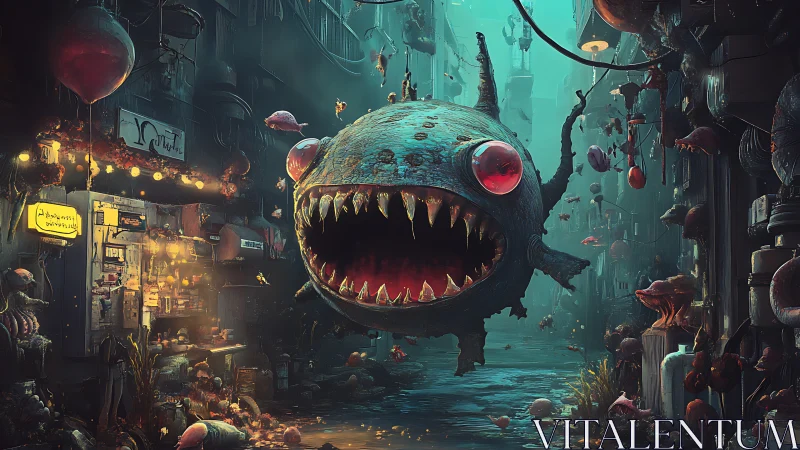 Amphibious predator form in narrow neon-lit urban alleyway.