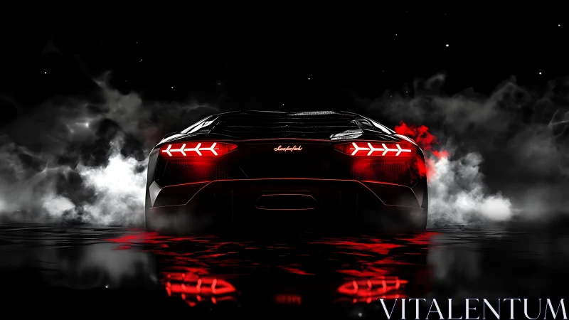 Lamborghini rear view burns through dark smoke and neon glow.