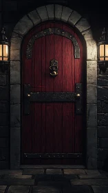 Medieval red wooden door stands within stone archway