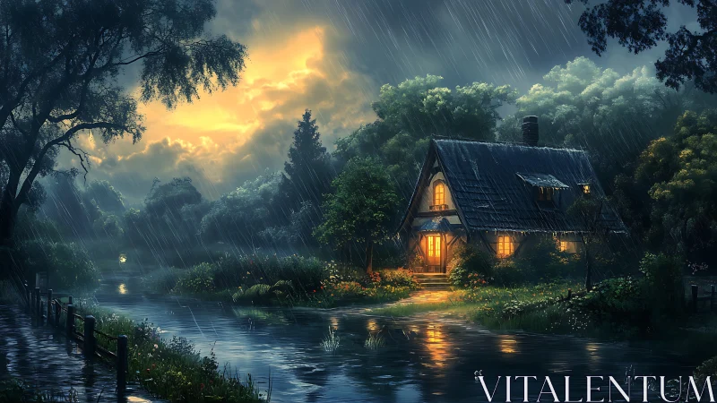 Rainlit cottage hums warmly as stormlit forest listens