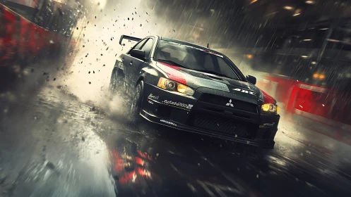 Racing drift car cuts through wet city circuit under rain