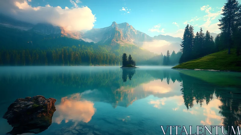 Mist-laced alpine lake mirror with pine island at sunrise.