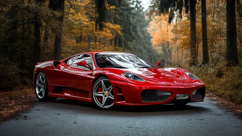 Shining red sports car resting along a quiet autumn road.