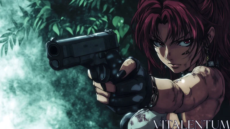 Female anime gunman aims pistol in dense forest setting