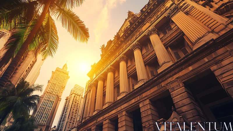 Sunlit neoclassical façade contrasts with modern towers.