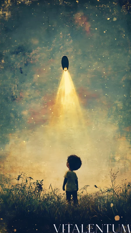 Curious child gazing up at a glowing rocket in twilight.