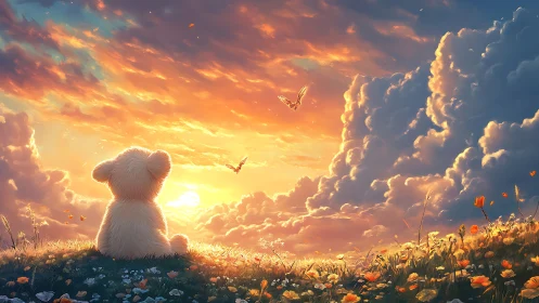 Fluffy daydreamer bear soaking in a glowing storybook sunset.