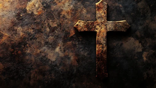 Weathered stone cross leans into shadows yet quietly glows