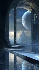 Celestial gateway rises above serene alien waterscape.
