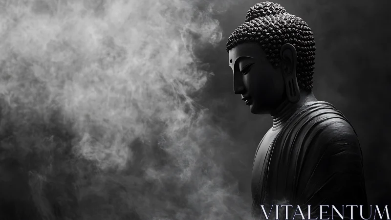 Quiet Buddha statue rests in soft swirling gray mist