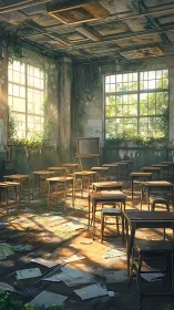 Sunlit abandoned classroom overgrown with green vines.
