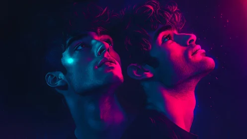 Neon-lit twin gazes drift through violet electric midnight.