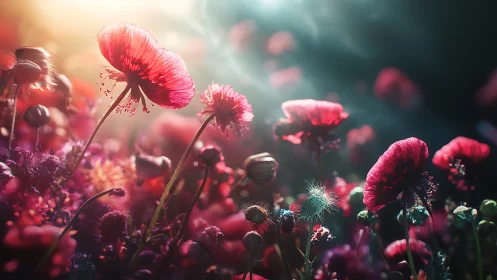 Backlit red wildflowers in dense meadow environment.