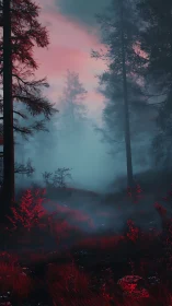 Misty forest landscape with reddish foliage and tall evergreens at dusk.
