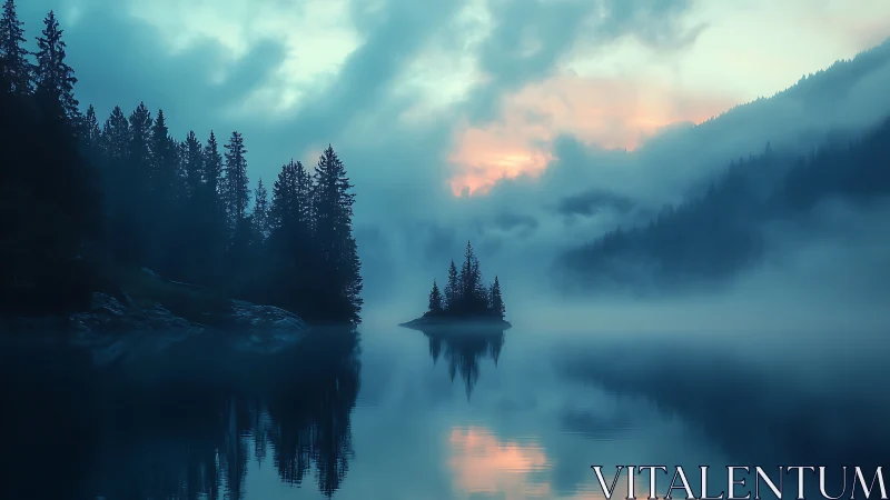 Mist-laden alpine lake with conifer islet at blue-hour sunrise