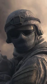 Tactical soldier portrait in armored combat gear at dusk.