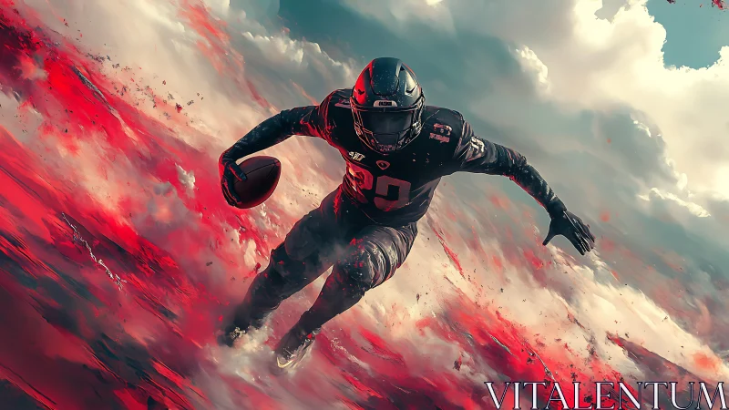Digital rendering of football player running through clouds.