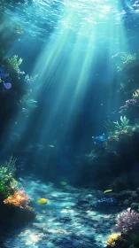 Sunlight penetrates a reef corridor with scattered tropical fish