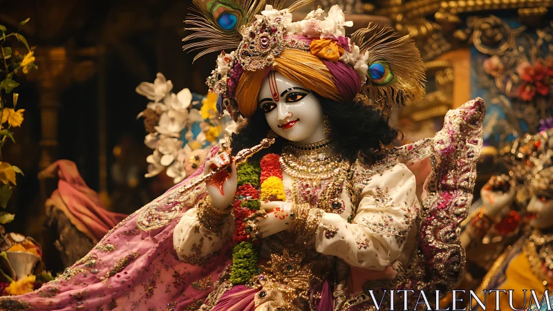 Intricately ornamented Krishna deity statue with jeweled textiles and garlands