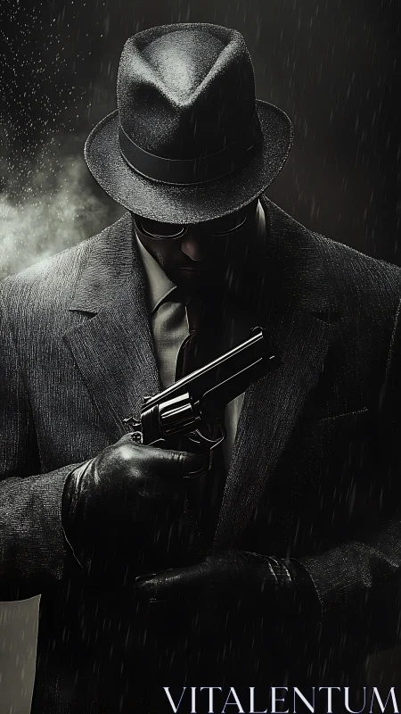 Shadowed noir figure stands in the rain with quiet resolve