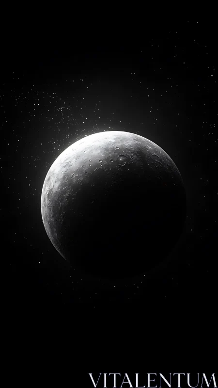 Crescent moon in deep space with stark cratered surface.