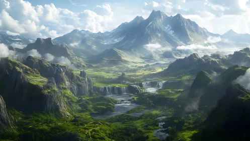 Digital panorama depicts layered mountains and waterfalls