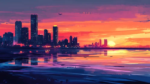 Neon dusk skyline mirrored across glowing harbor waters.