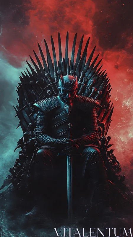 Armored ice king rules sword throne amid split sky glow