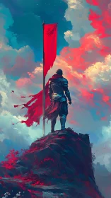 Digital painting of armored sentinel with banner on cliff summit.