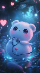 Fluffy white bear doctor stands glowing in dreamy forest pond