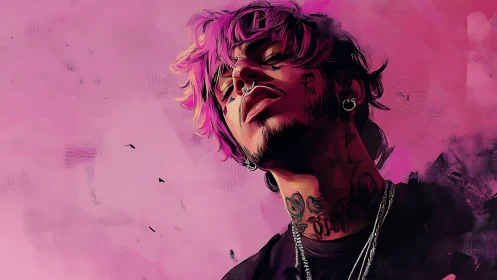 Neon magenta portrait renders tattooed singer in low angle