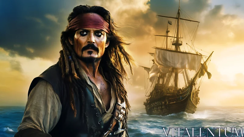 Pirate captain portrait before tall ship at sunset sea.