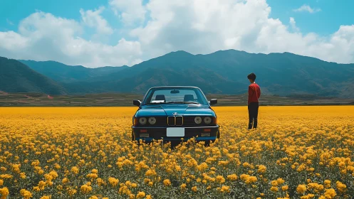 Classic coupe framed by rapeseed field under alpine range