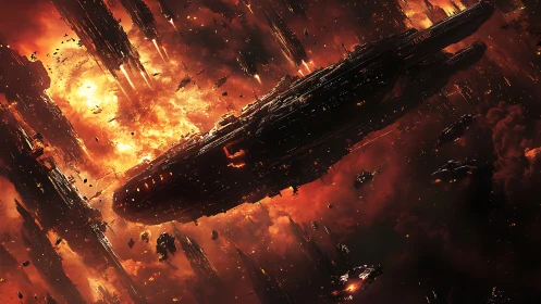 Massive Warship Engulfed in Apocalyptic Inferno.