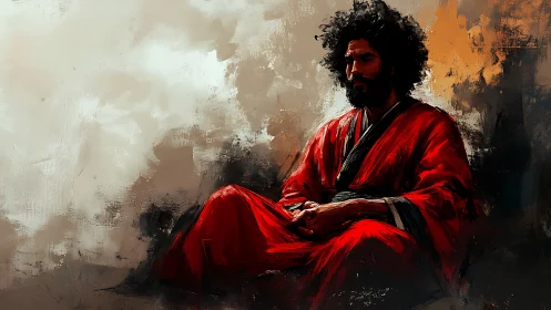 Solitary man in red robe seated against muted backdrop.
