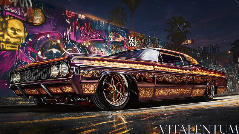 Lowrider at night with ornate candy paint and neon reflections.