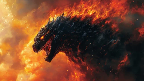 Fire dragon head erupts from molten storm of blazing clouds