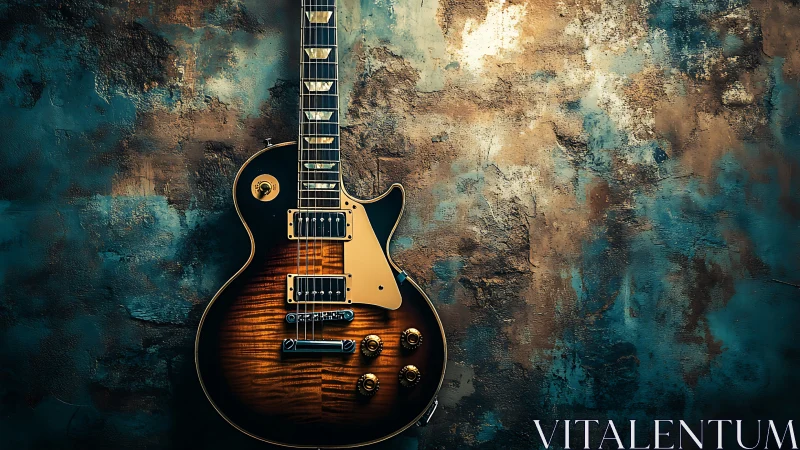 Sunburst electric guitar hangs against textured painted wall