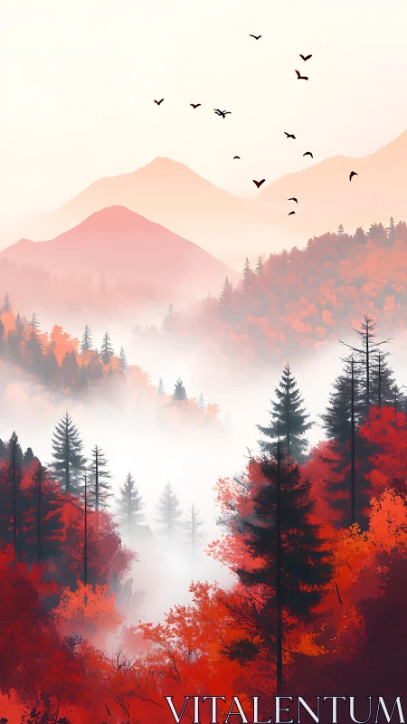 Layered misty hills with red forest and distant bird silhouettes.