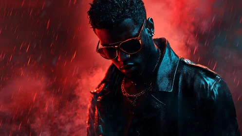 High-contrast red backlit portrait with wet leather and rain streaks